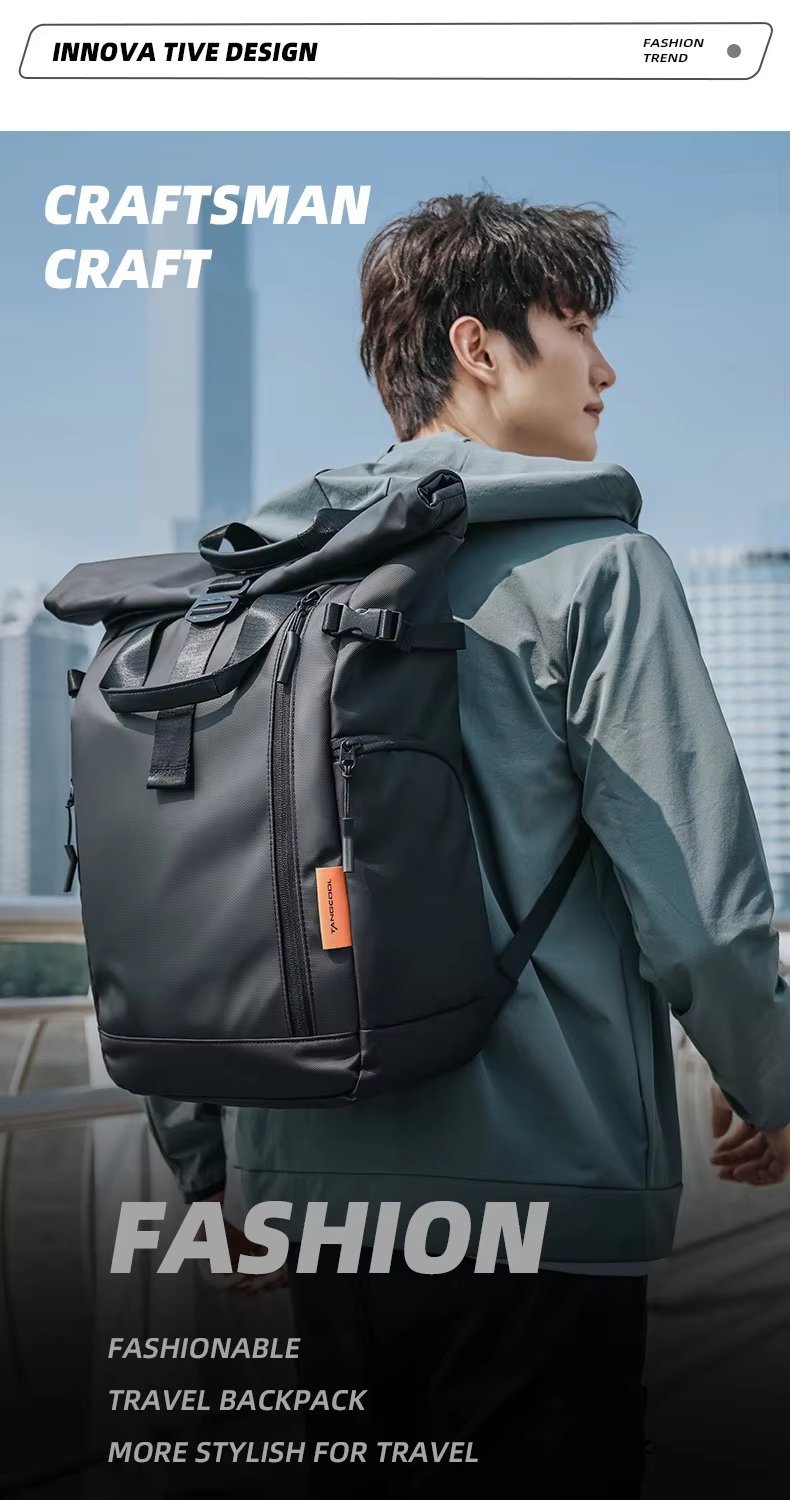 Water-Resistant Expandable Modern School Casual PU Leather Roll Top Backpack product detail