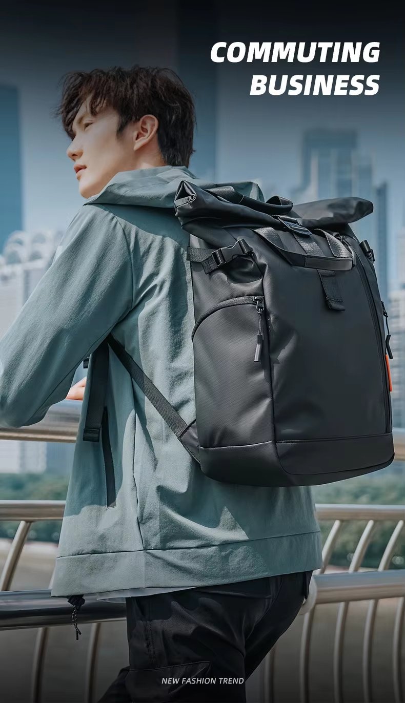 Water-Resistant Expandable Modern School Casual PU Leather Roll Top Backpack product detail