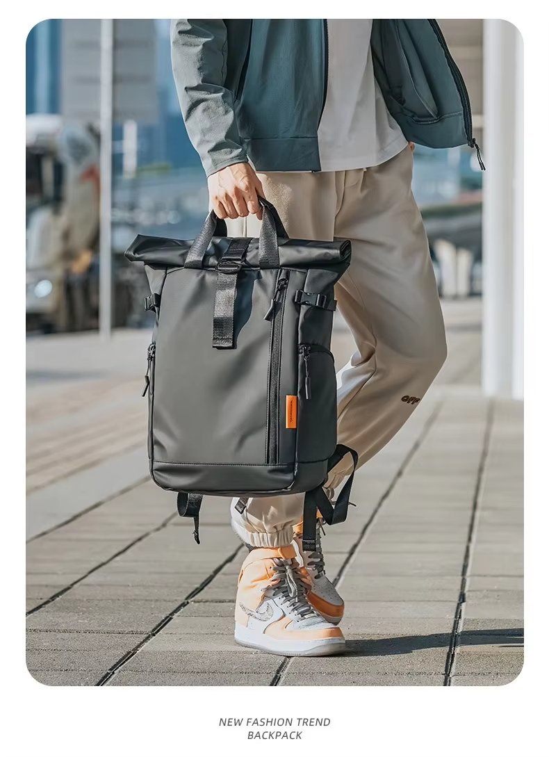 Water-Resistant Expandable Modern School Casual PU Leather Roll Top Backpack product detail