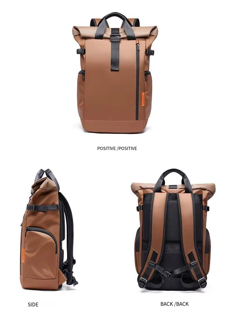 Water-Resistant Expandable Modern School Casual PU Leather Roll Top Backpack product detail