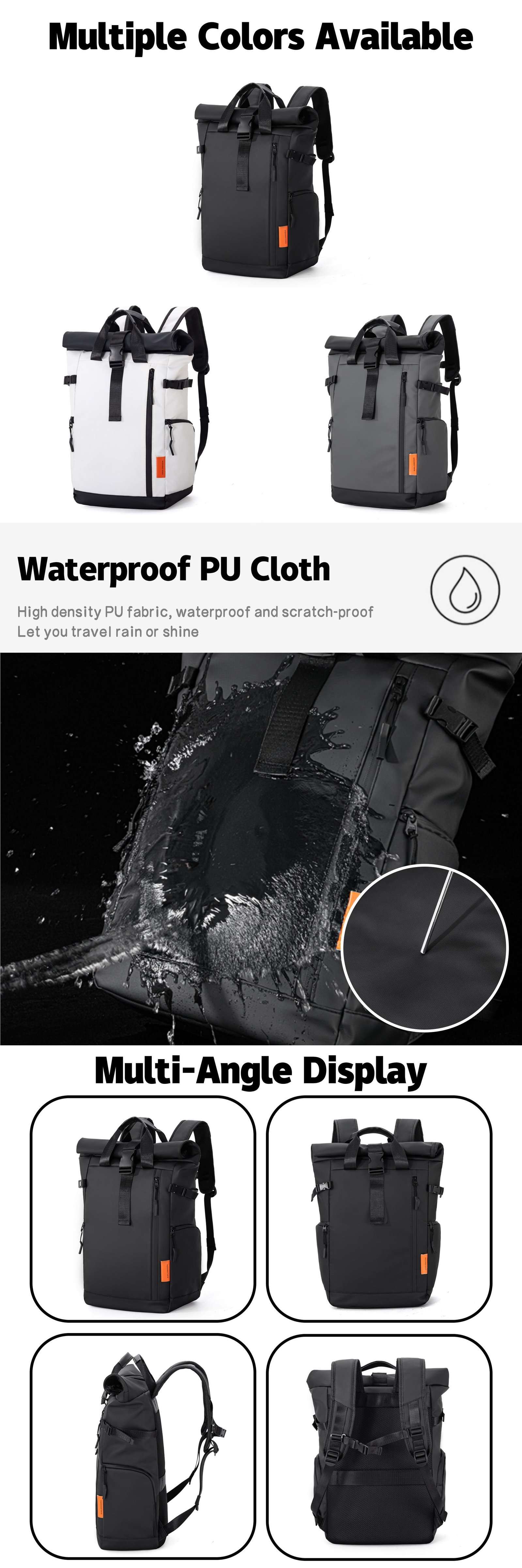 Water-Resistant Large Capacity Modern Travel School Oxford Roll Top Backpack product detail