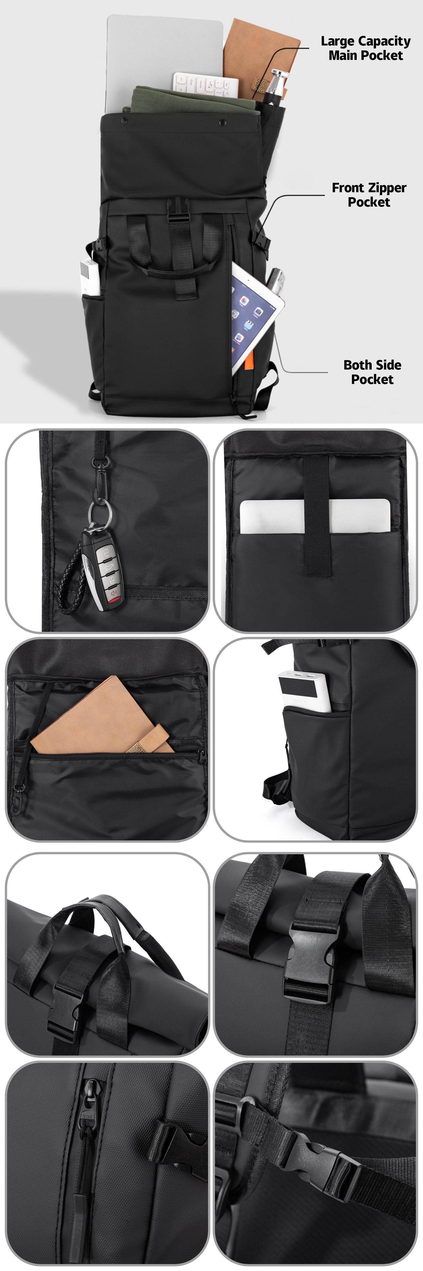 Water-Resistant Large Capacity Modern Travel School Oxford Roll Top Backpack product detail