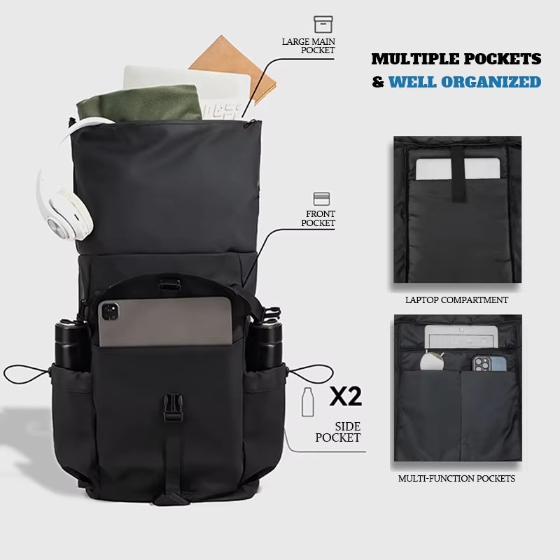 Water-Resistant Expandable Outdoor Business Travel Nylon Roll Top Backpack product detail