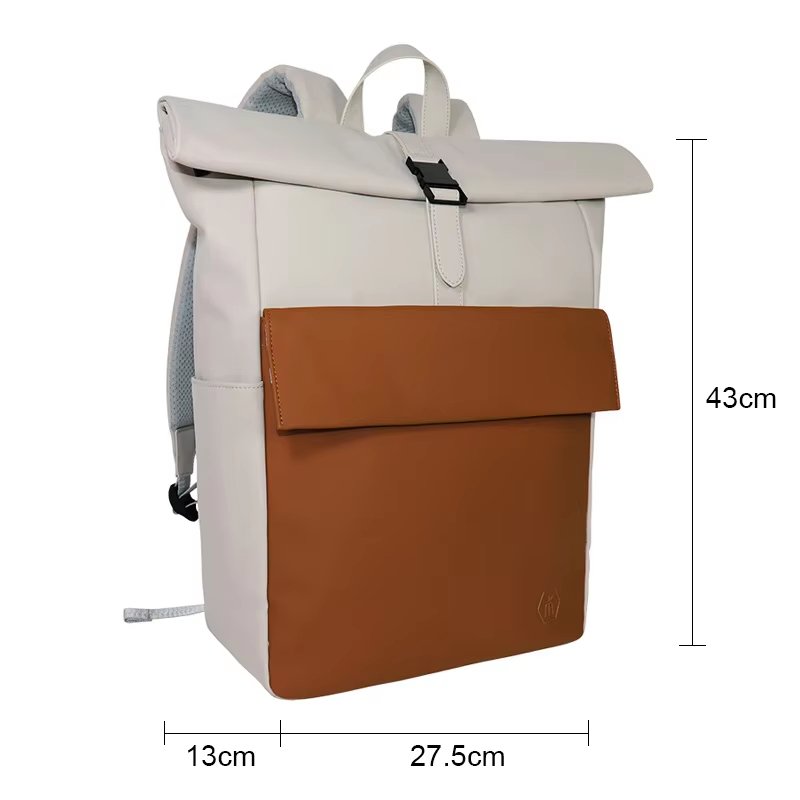 Water-Resistant Business School Casual PU Leather Roll Top Backpack product detail