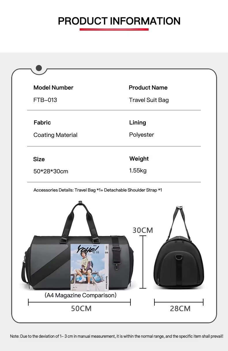 Factory Wholesale Custom High Quality Foldable Black Suit Garment Bag Large Capacity Waterproof Travel Bag with Shoe Compartment product detail
