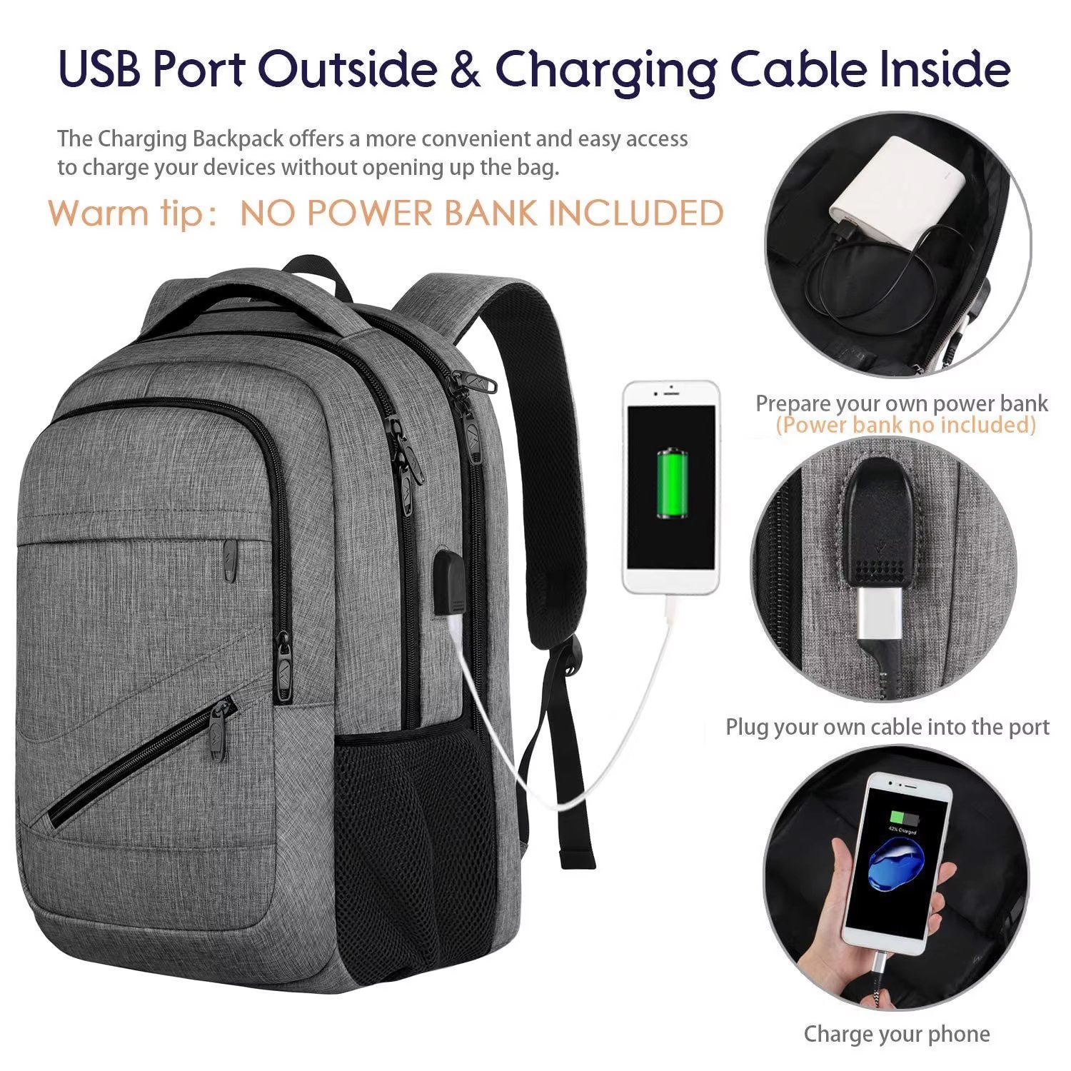 Large Capacity USB Business Travel School Polyester Laptop Backpack product detail