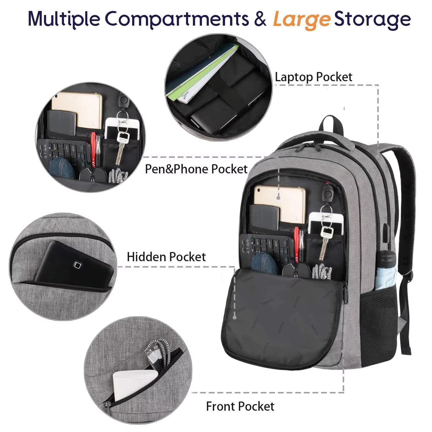 Large Capacity USB Business Travel School Polyester Laptop Backpack product detail