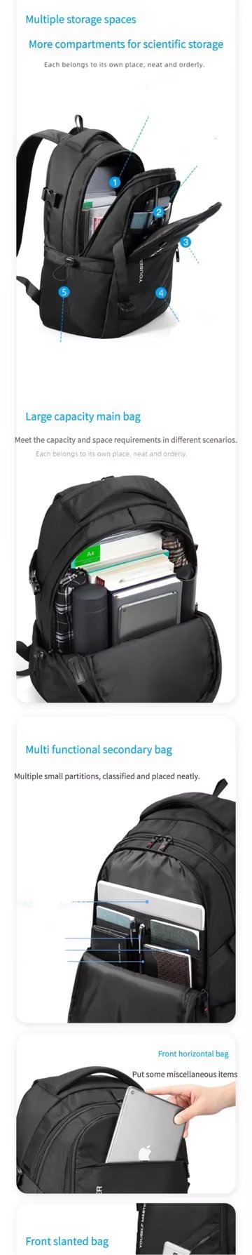 Water-Resistant Large Capacity USB Business Travel Polyester Laptop Backpack product detail
