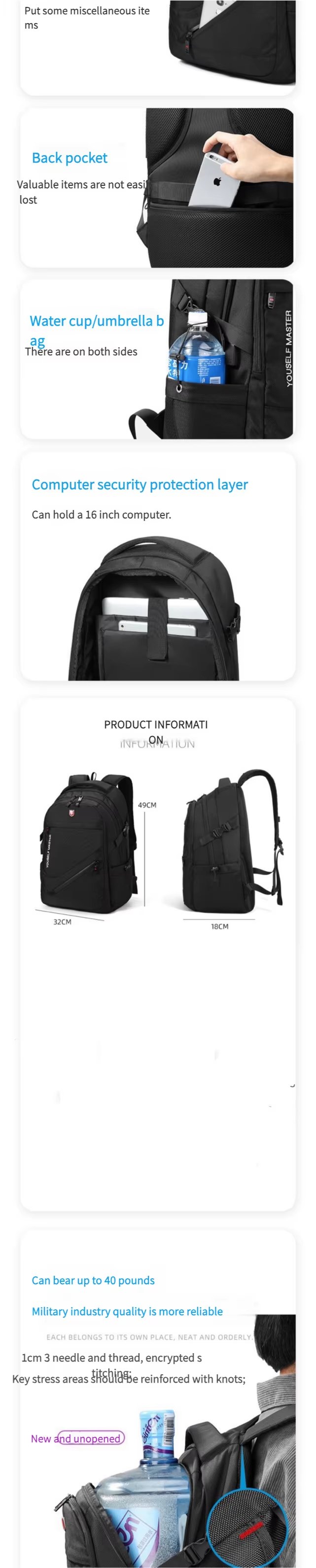 Water-Resistant Large Capacity USB Business Travel Polyester Laptop Backpack product detail