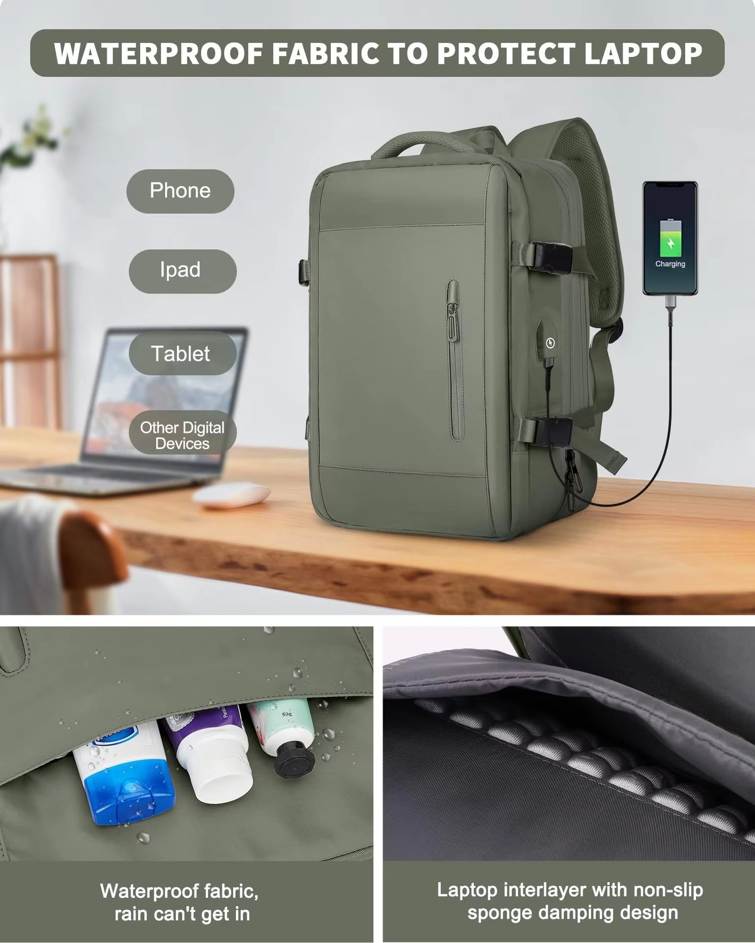 Anti-Theft Water-Resistant Expandable USB Outdoor Oxford Laptop Backpack product detail