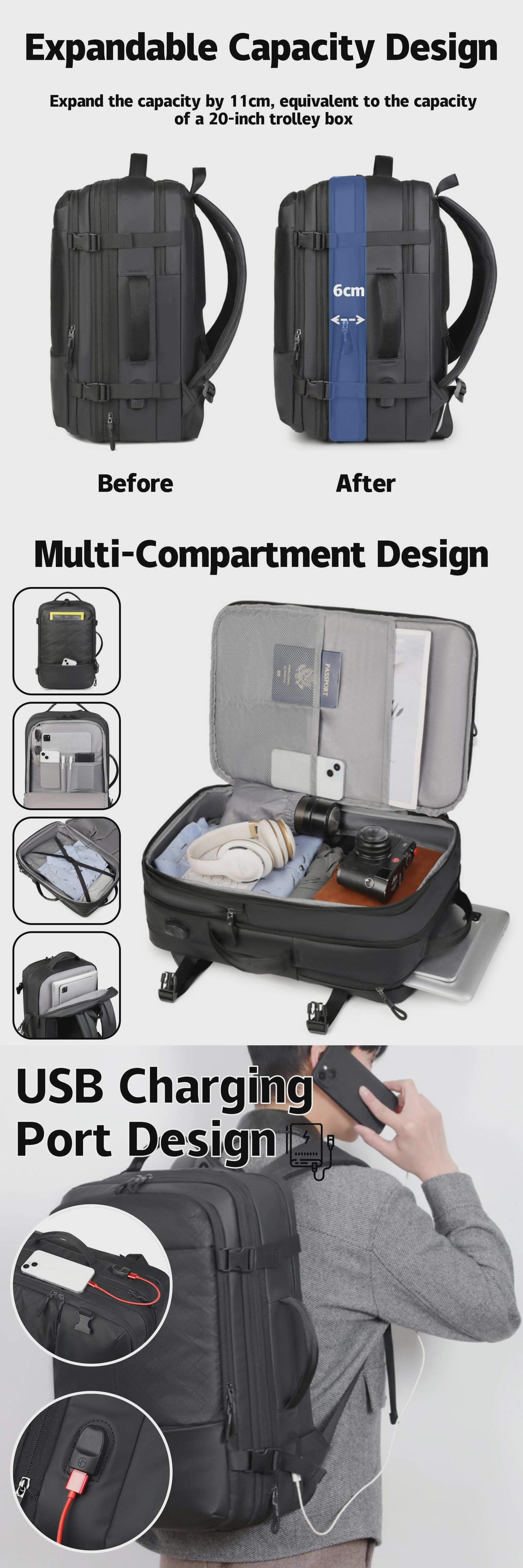 Cross-Border Custom Logo Large-Capacity Expandable Multi-Functional Laptop Backpack with USB Charging Port For Business Travel detail image
