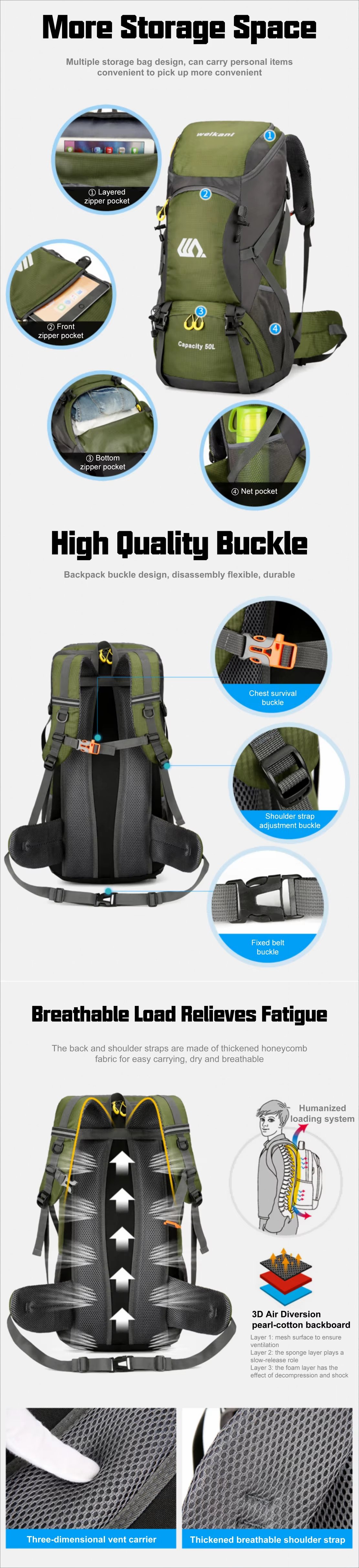 50L Anti-Theft Oxford Trekking Backpack detail image
