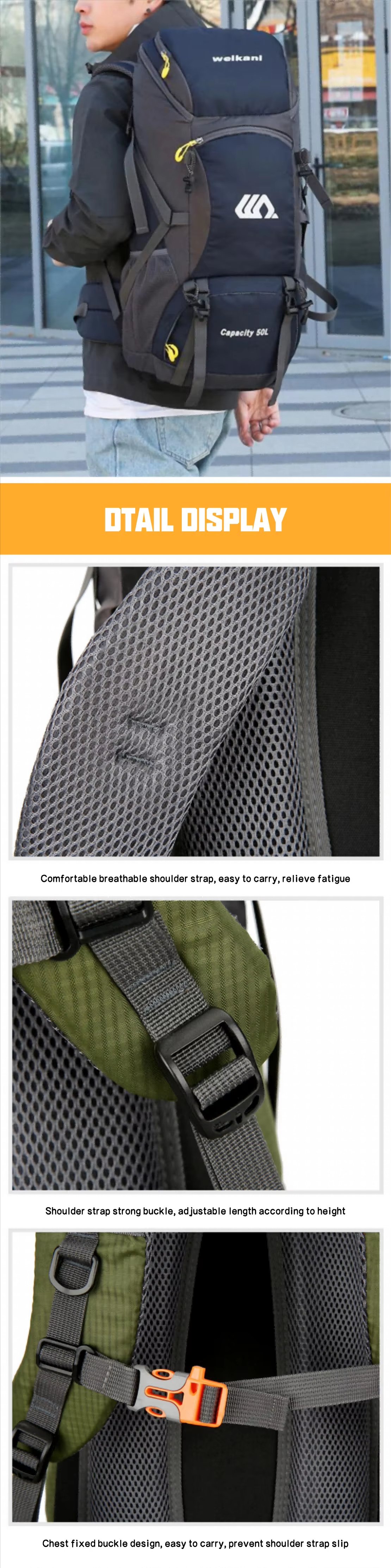 50L Anti-Theft Oxford Trekking Backpack detail image