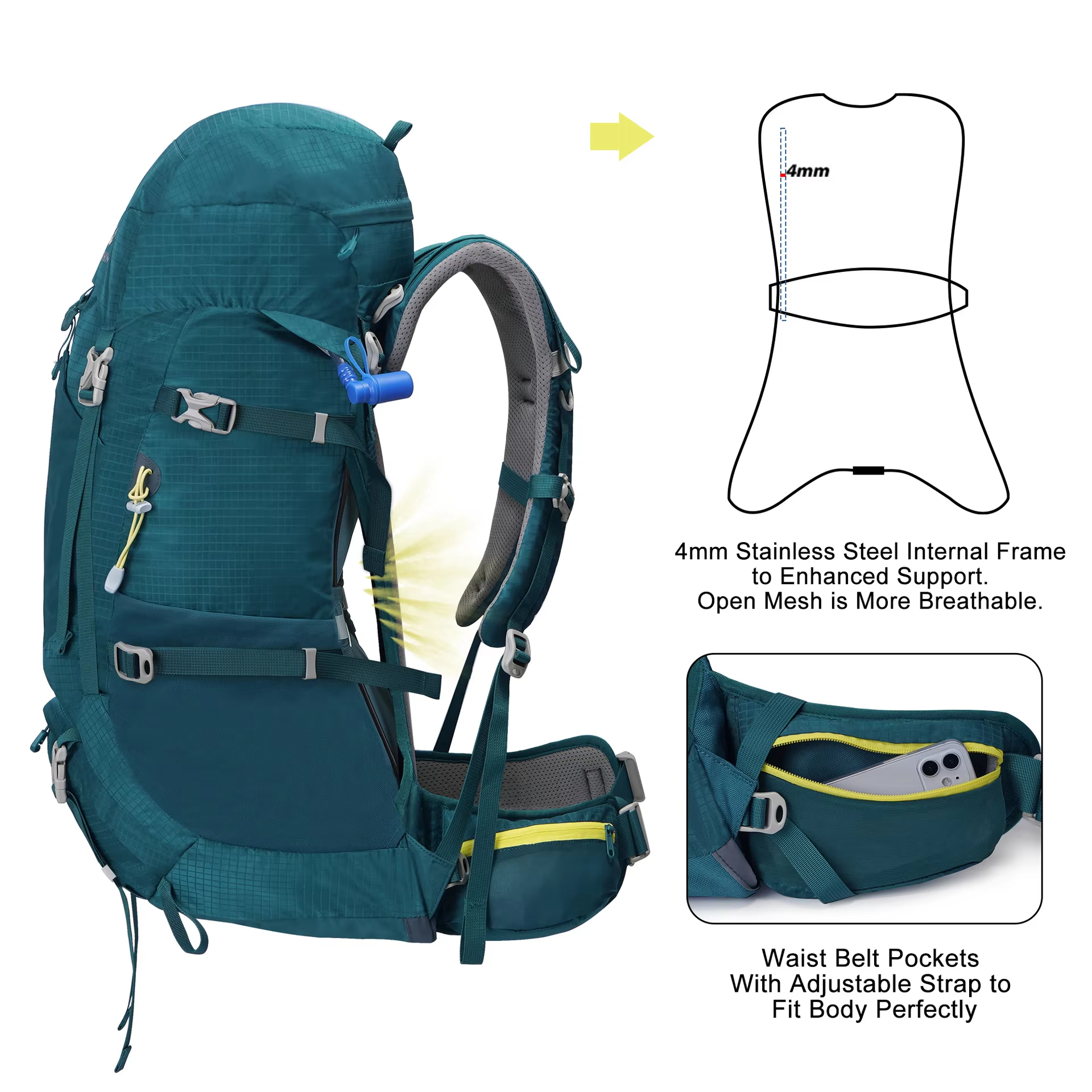 Internal Frame Outdoor Hiking Backpack Water Resistant Trekking Rucksack with Rain Cover detail image