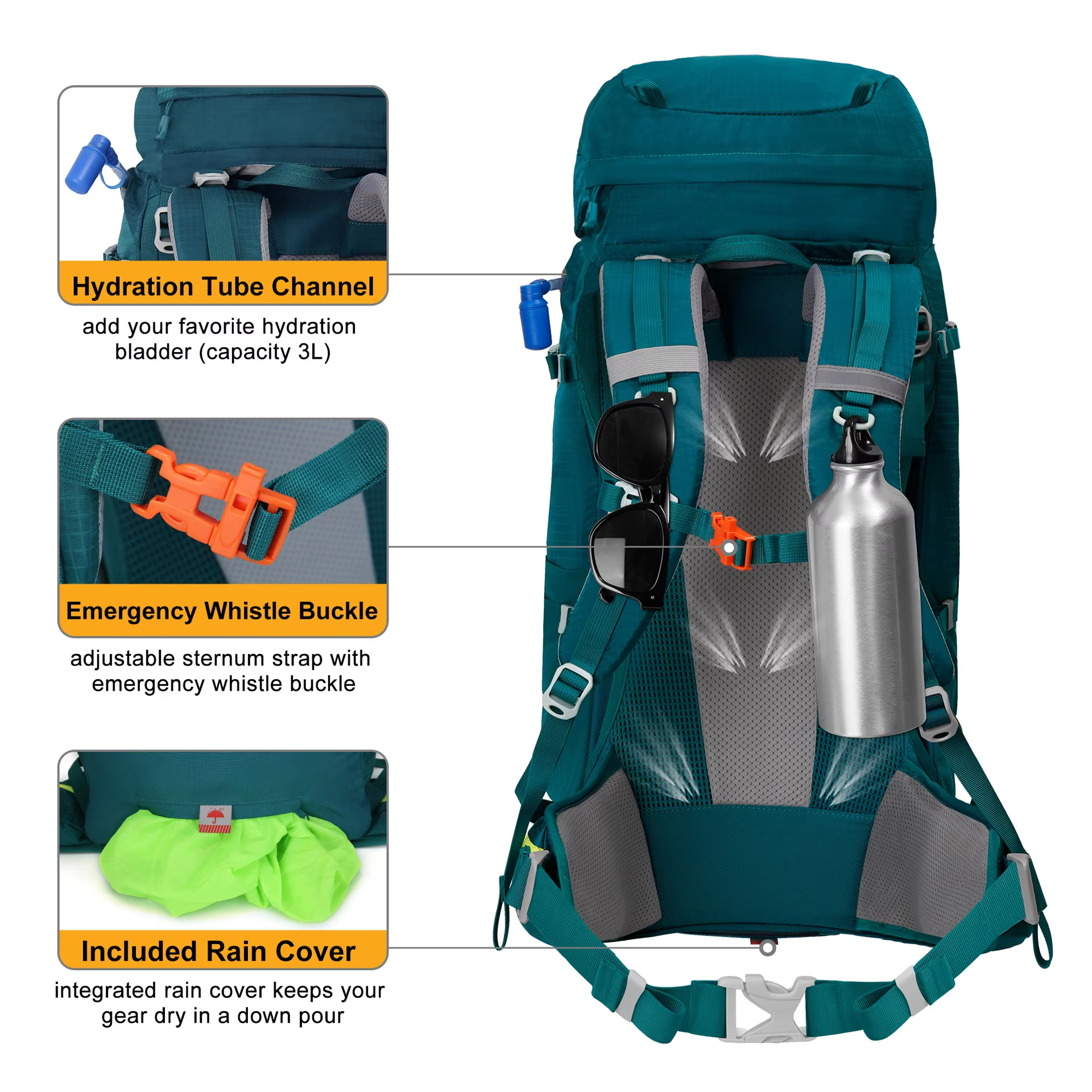 Internal Frame Outdoor Hiking Backpack Water Resistant Trekking Rucksack with Rain Cover detail image