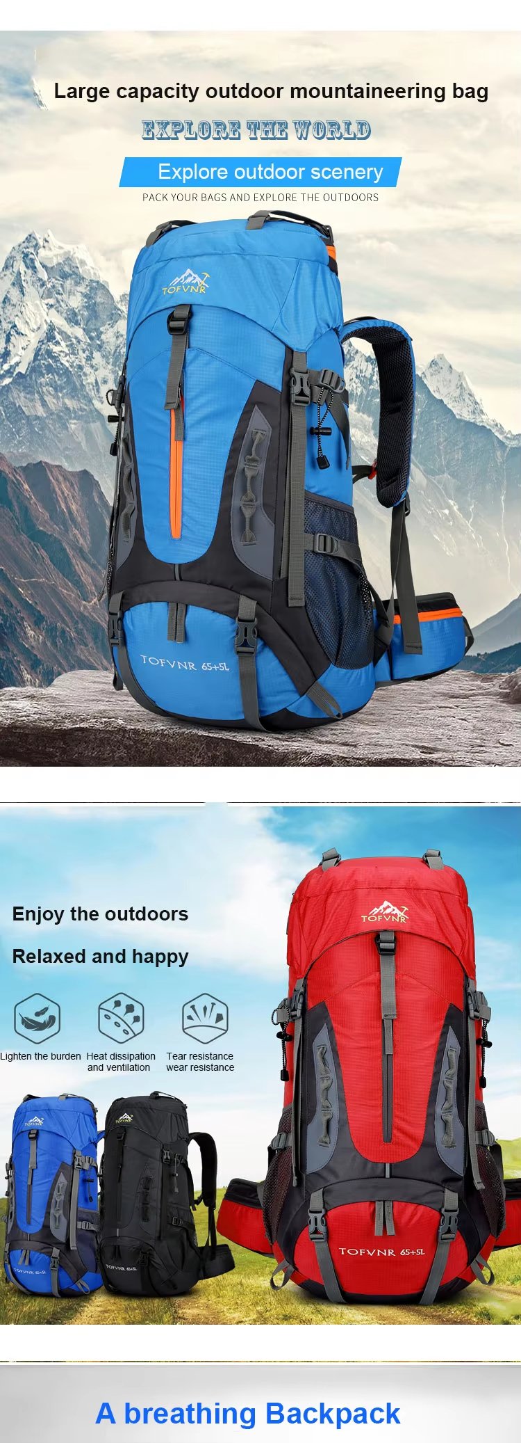 70L Anti-Theft Nylon Trekking Backpack detail image