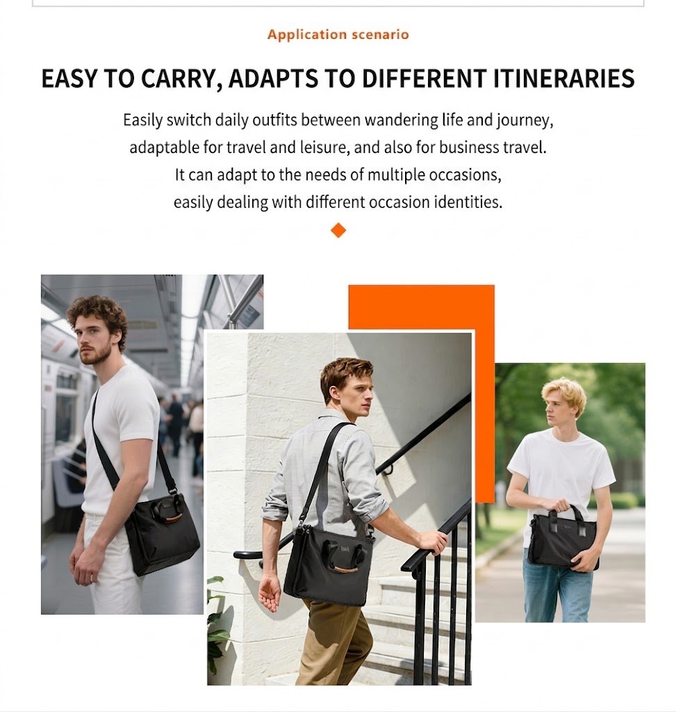 application scenario collage showing bag worn in subway stairs and outdoors