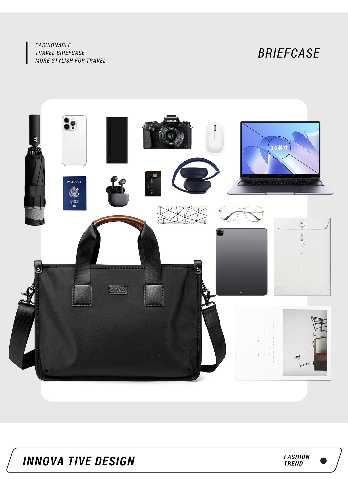 flat lay of bag with laptop tablet phone passport and travel accessories