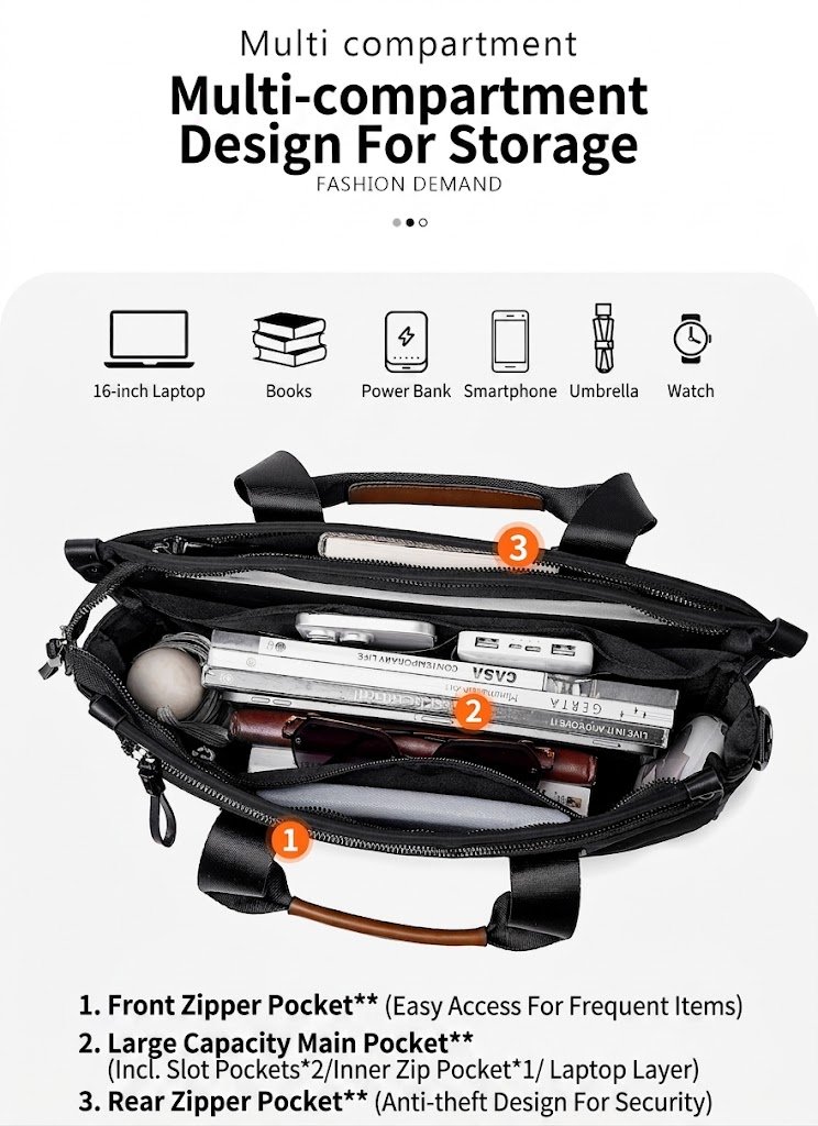 front zipper pocket contents and large-capacity main compartment labeled interior pockets