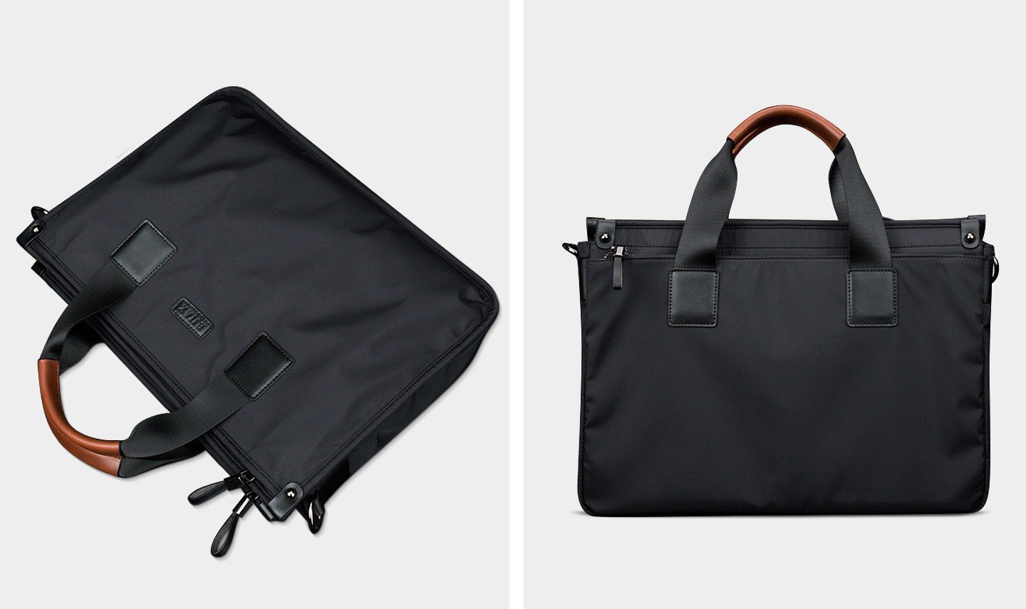 bag laid flat showing wooden handle and leather tab detail