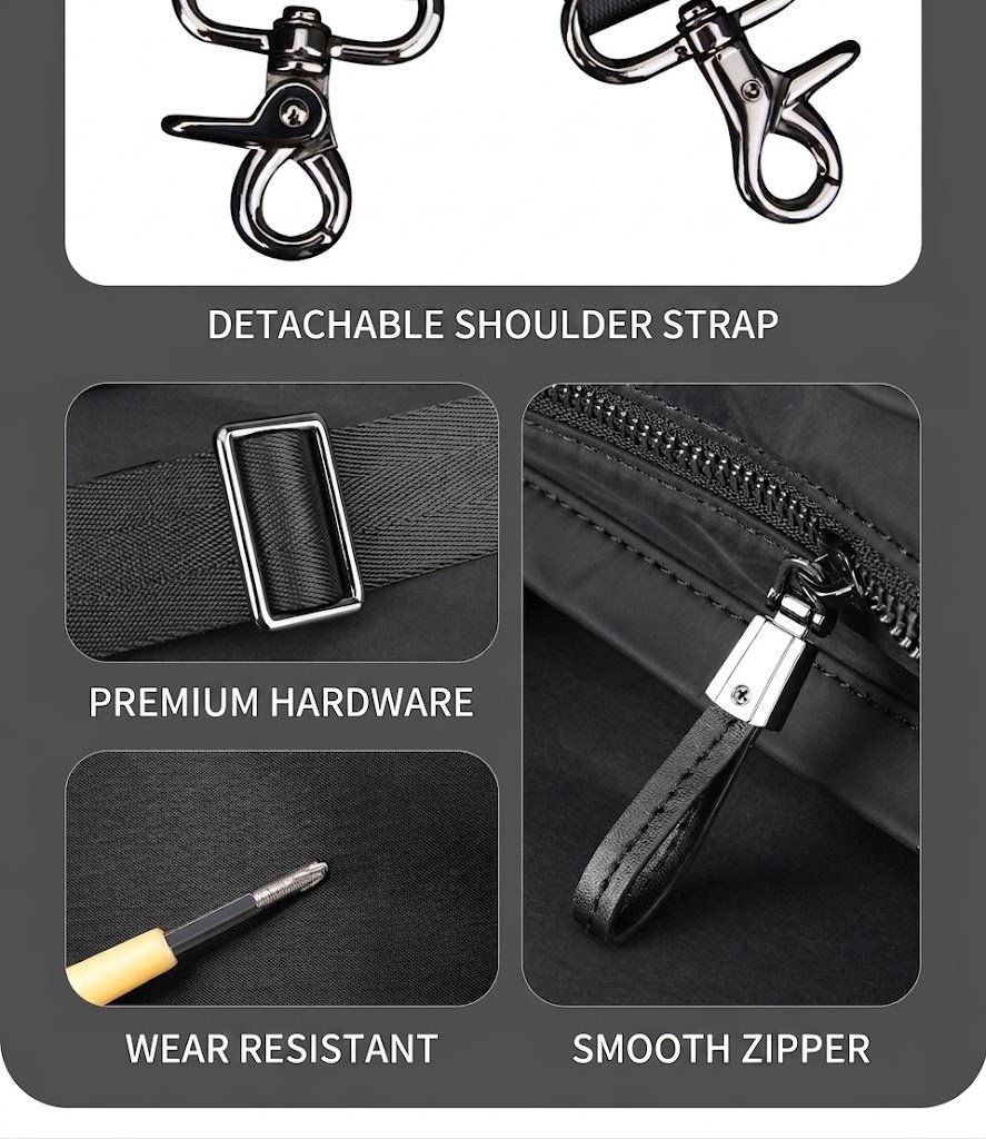 swivel hook hardware premium hardware and leather zipper pull close-up