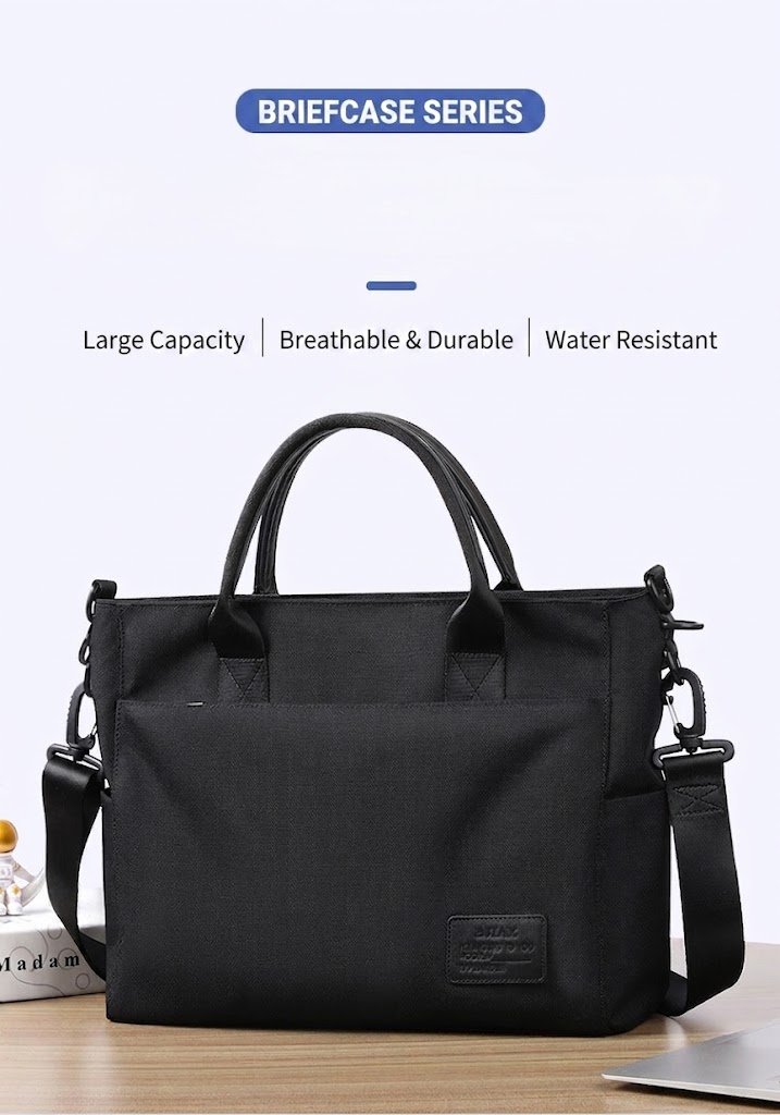 bag on desk with briefcase series callout for large capacity and water resistance