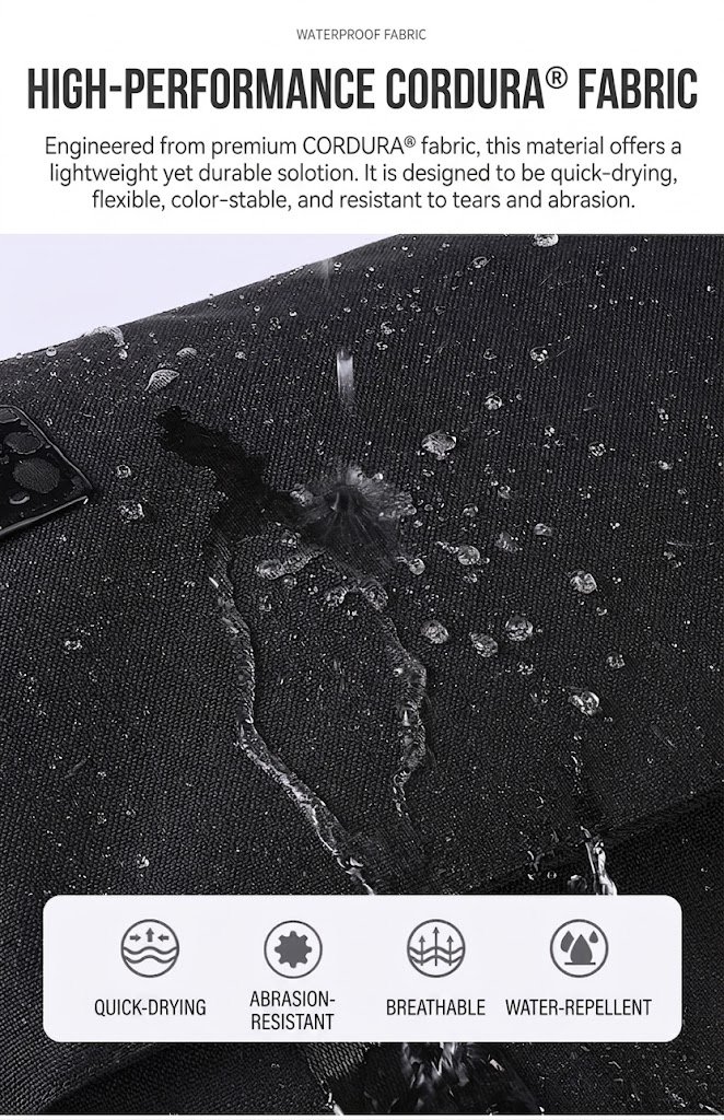 water droplets beading on CORDURA fabric demonstrating quick-drying and water-repellent finish