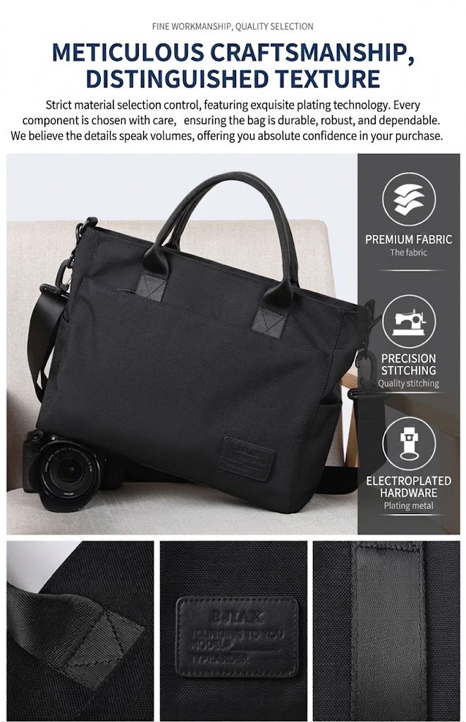 meticulous craftsmanship collage showing premium fabric precision stitching and electroplated hardware