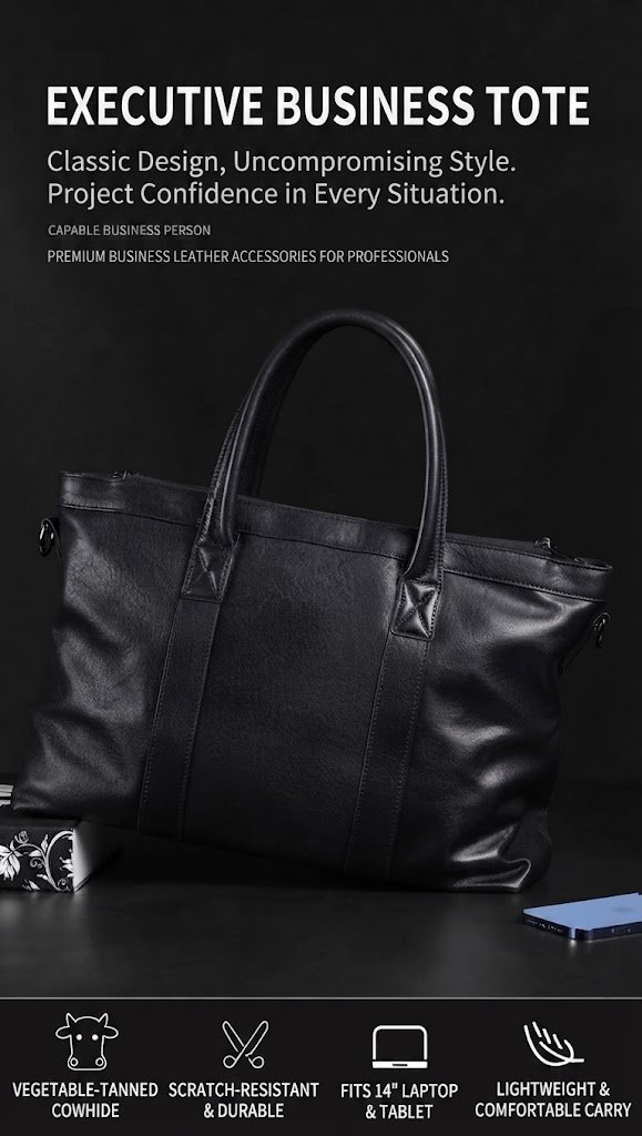 bag on dark surface with executive business tote and vegetable-tanned cowhide callouts