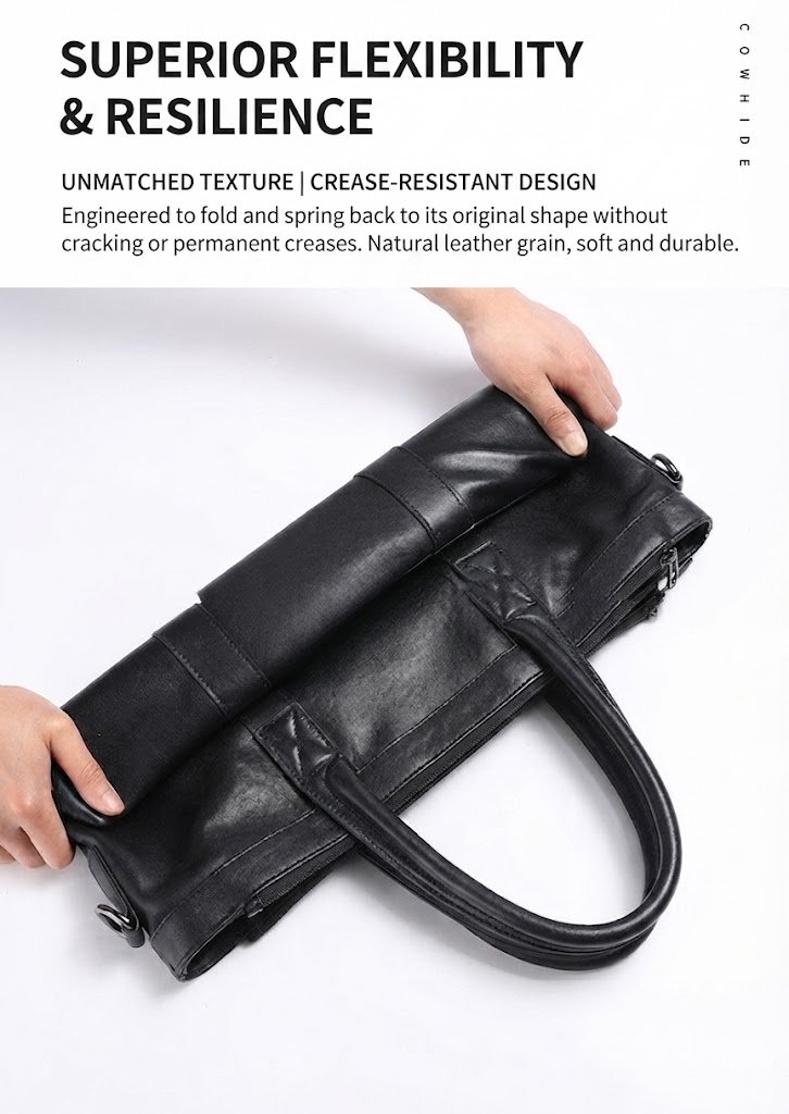 bag being rolled and folded to demonstrate crease-resistant leather flexibility