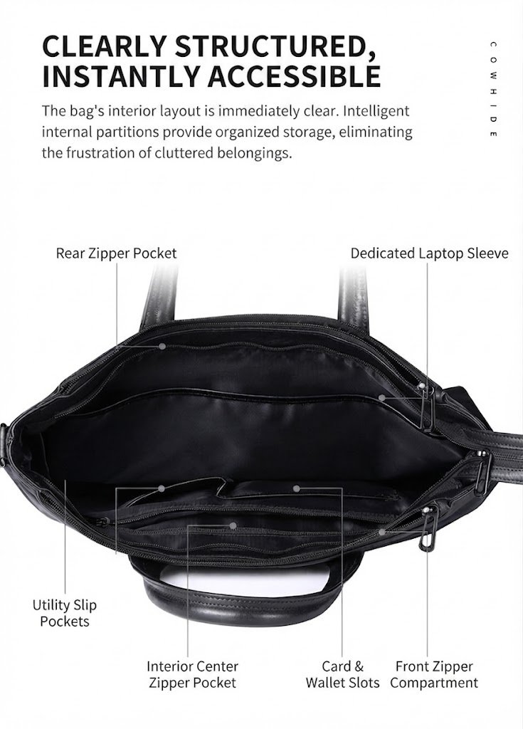 interior overhead view labeling laptop sleeve utility slip pockets and card wallet slots