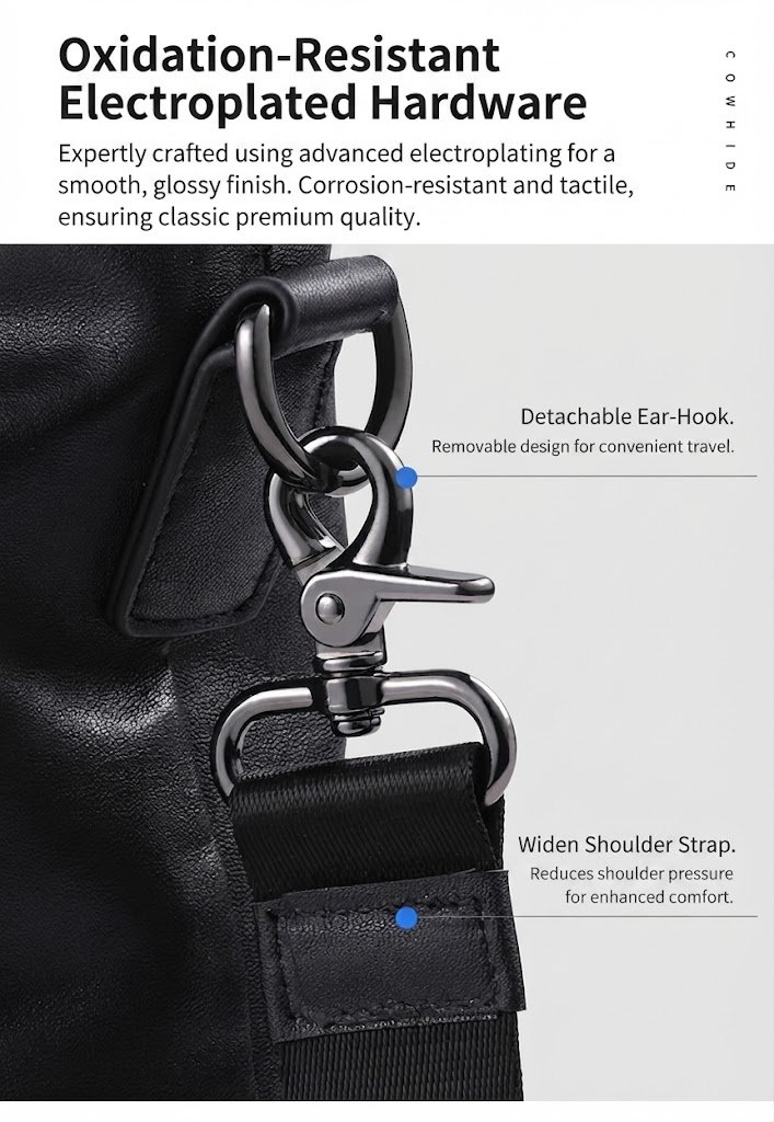 detachable ear-hook swivel clasp and widened shoulder strap hardware close-up