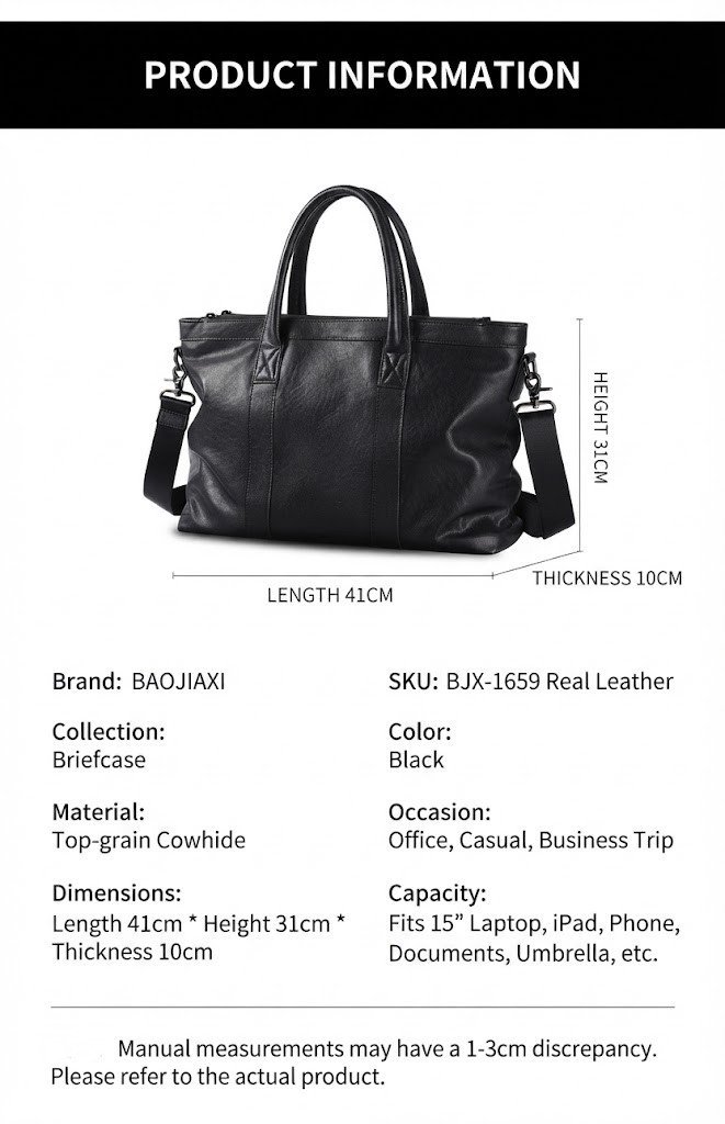 spec card listing brand BAOJIAXI SKU BJX-1659 top-grain cowhide 41x31x10cm and 15-inch laptop capacity
