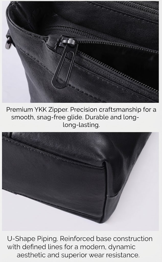 YKK zipper close-up and U-shape reinforced base piping detail