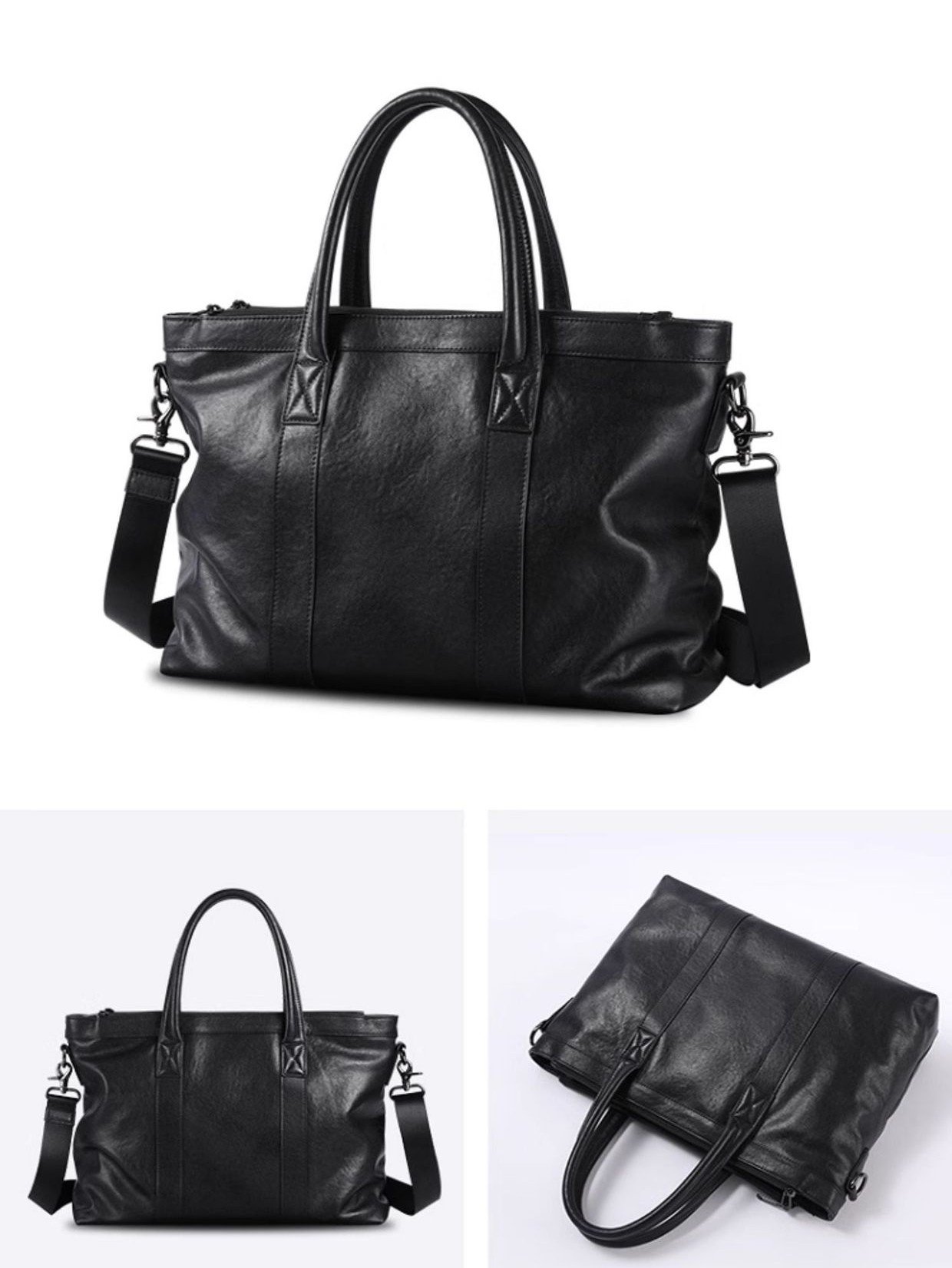 front three-quarter view plus flat-folded bag showing full leather panels