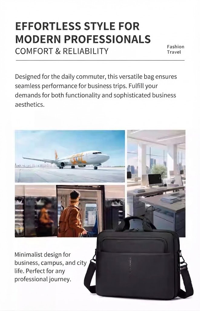 briefcase lifestyle collage with airport and office commute scenes