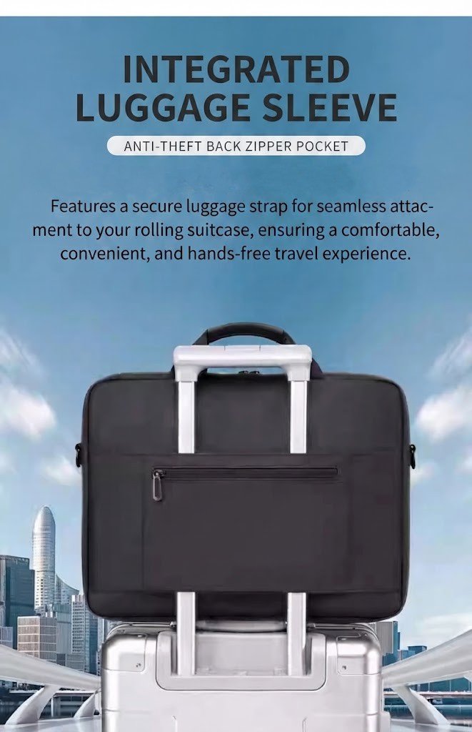 briefcase attached to rolling luggage handle via trolley sleeve
