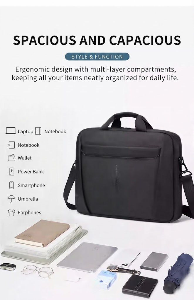 briefcase with laptop, wallet, umbrella and daily essentials laid out
