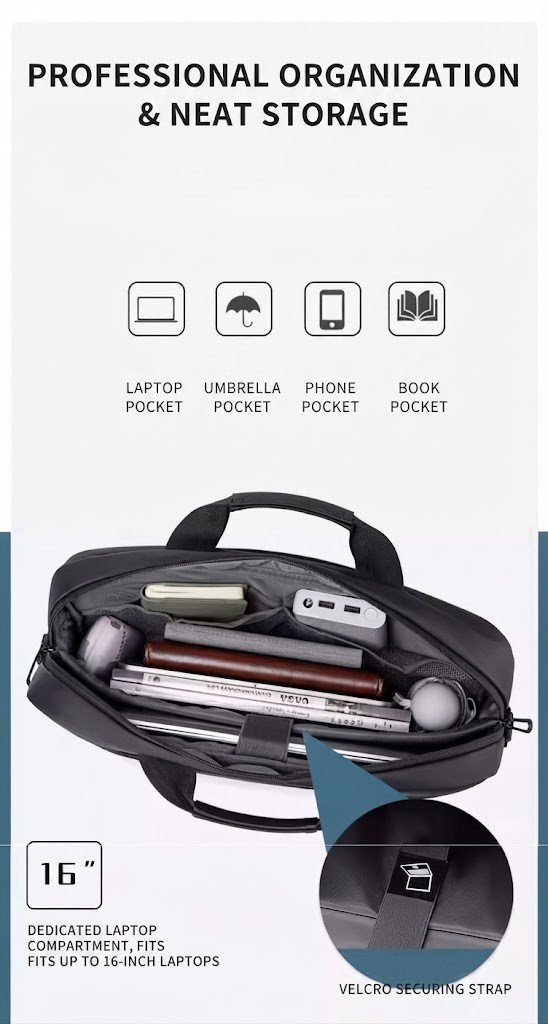 interior organization icons and packed 16-inch laptop compartment