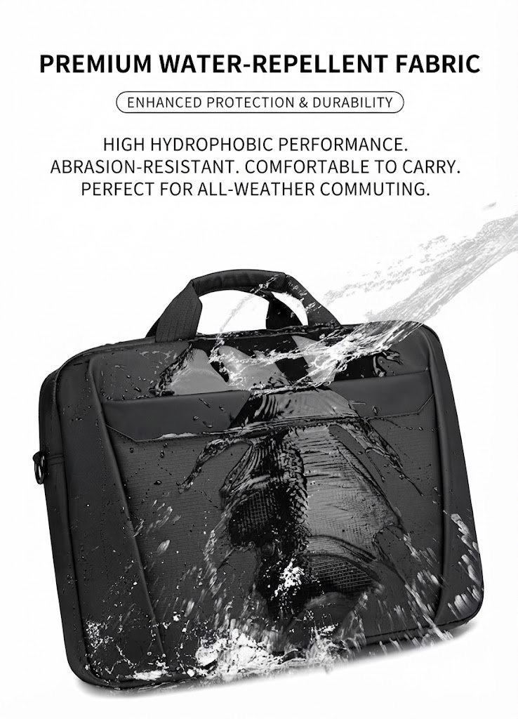 water splashing off briefcase demonstrating water-repellent fabric