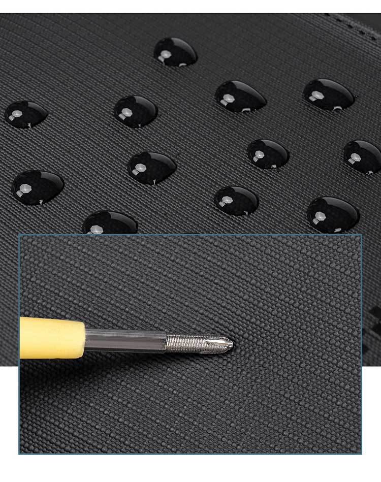 close-up of water beading and scratch-resistance test on fabric