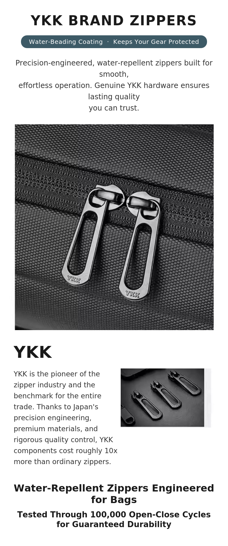 close-up of YKK zipper pullers on briefcase