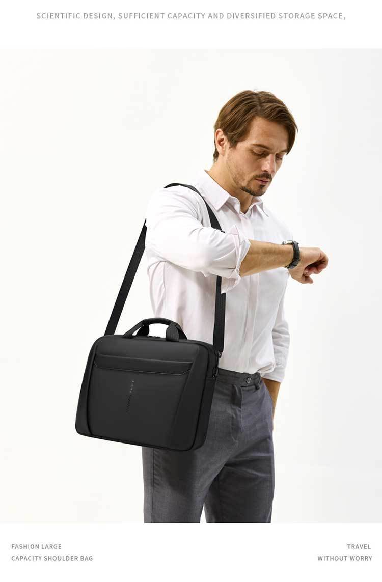 man carrying briefcase crossbody while checking his watch