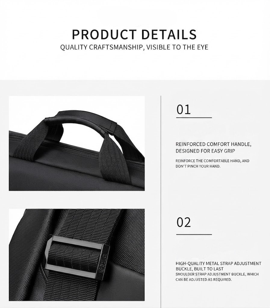 close-up of reinforced handle and metal strap buckle