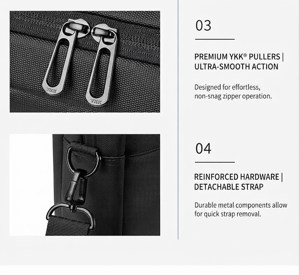 close-up of YKK zipper pullers and detachable strap hardware