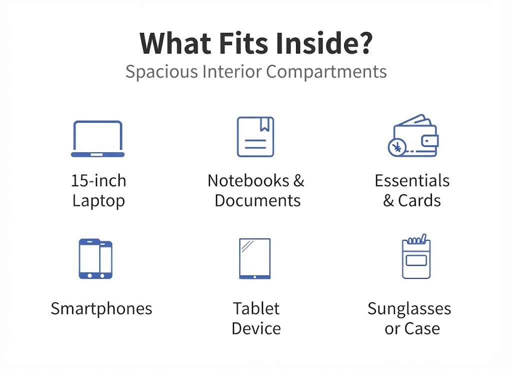 icons showing 15-inch laptop, documents, and interior compartments