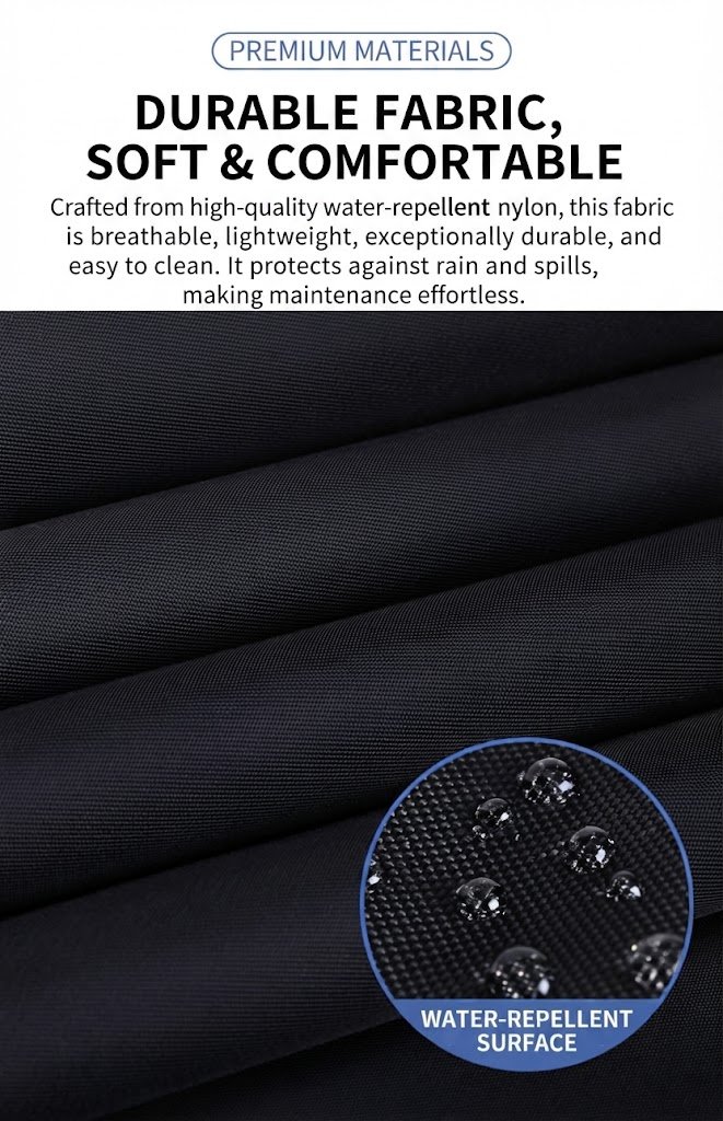 close-up of water-repellent nylon fabric with water droplets
