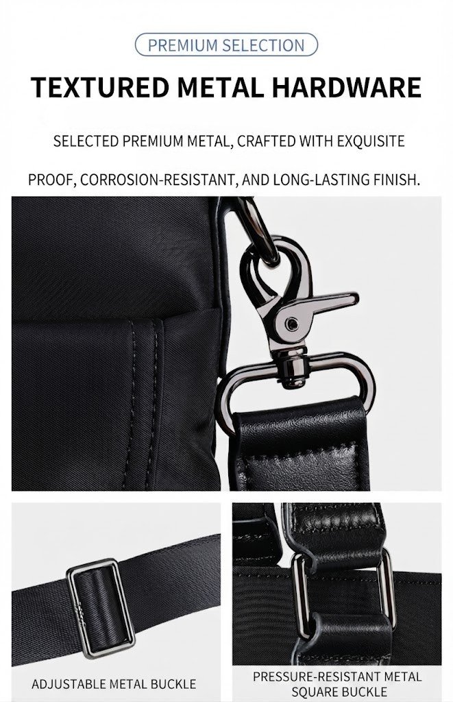 close-up of textured metal trigger hook and buckle hardware