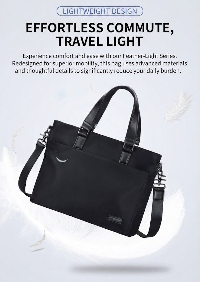 briefcase floating with feathers illustrating lightweight design