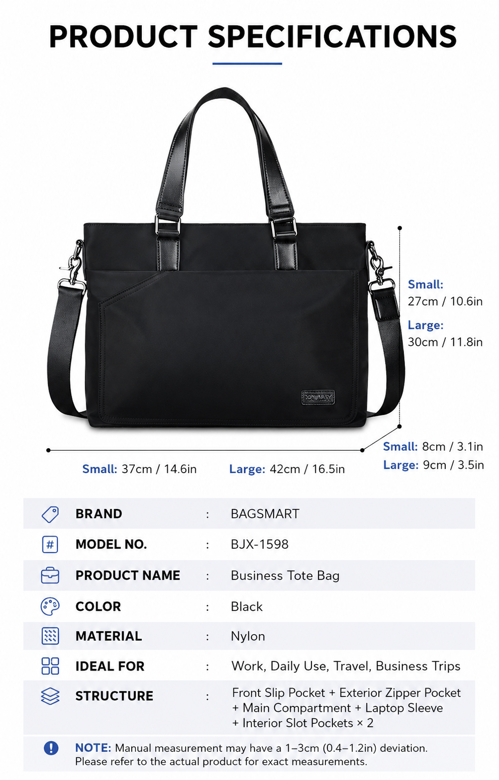 product specification table listing brand, sizes, and structure